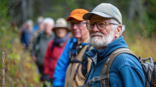 A senior leading a group of retirees on a nature walk showcasing their love for the outdoors and their ability to plan and coordinate enjoyable activities for others. The