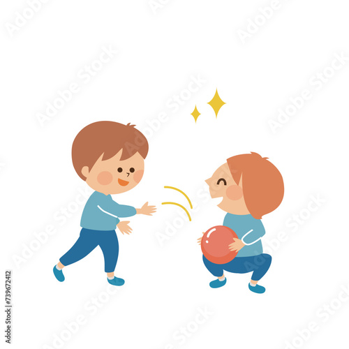 ボールで遊ぶ子供達　かわいいイラスト素材