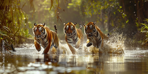 tiger cubs run on water in jungle. Dangerous animal photo