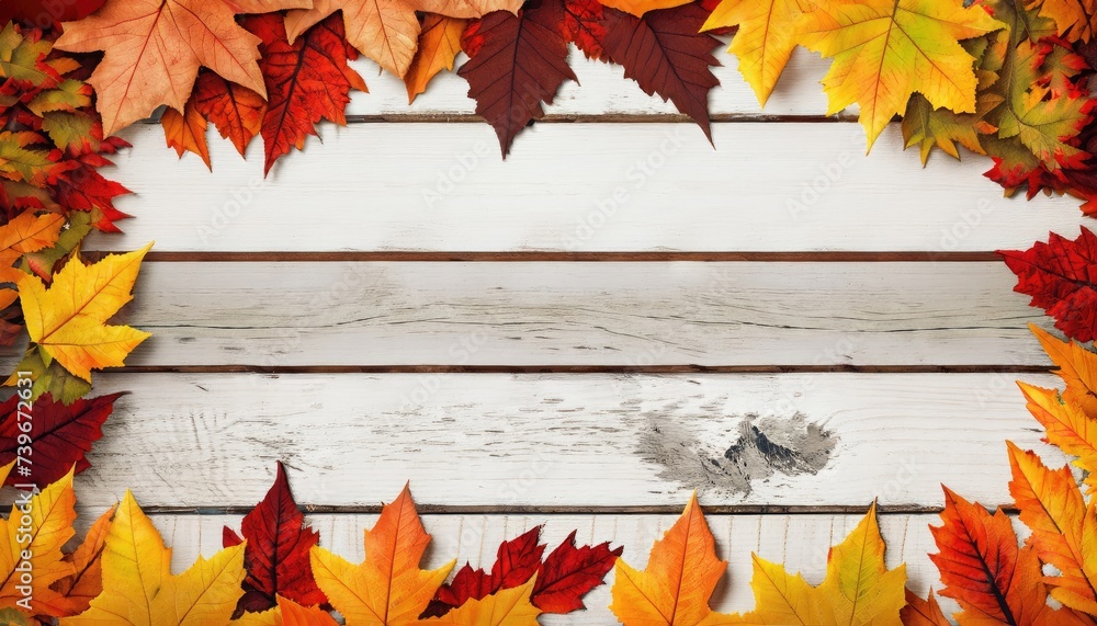 autumn leaves frame over white rustic wooden background autumn leaves frame over white rustic wooden background