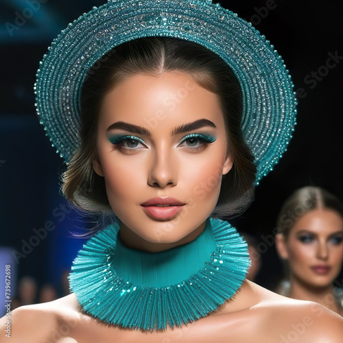 Retrato mujer joven modelo desfilando en una pasarela de moda con un sombrero y un collar verdes