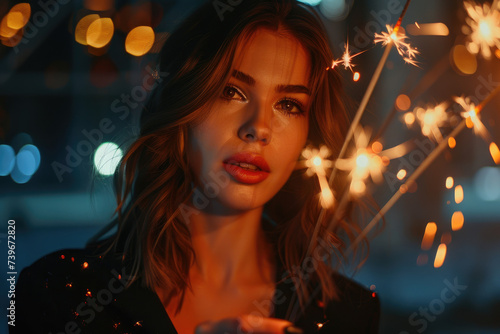 young woman holding sparkler at party. Amazing sparklers in female hands, celebrating New Year