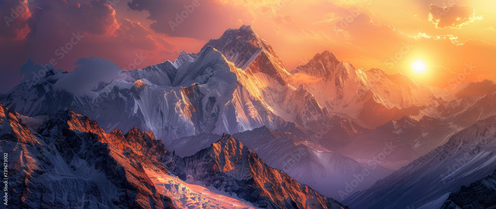 a sunset shot of mountain peaks covered in snow