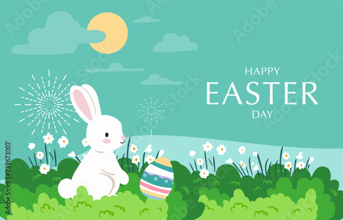 Collection of easter background set with rabbit and egg in garden Editable vector illustration for horizontal banner