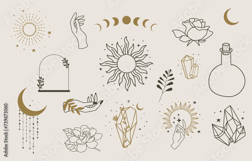collection of mystic icon use for boho occult design with sun and moon