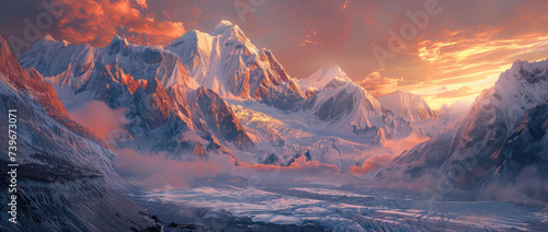 a sunset shot of mountain peaks covered in snow