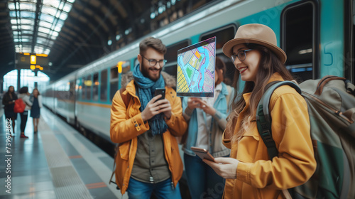 Three travelers with backpacks are holding smartphones and searching for a map with a virtual hologram map in front of them. Train station in the morning as a background. © Kanlayarawit