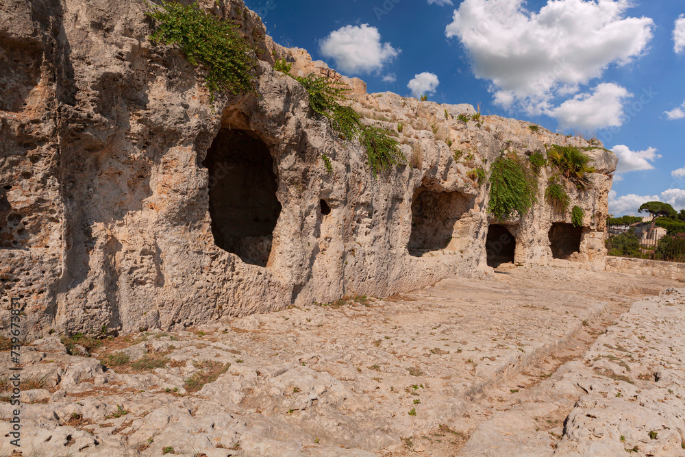 View of some tombs in the rocky necropolis of Pantalica in east Sicily