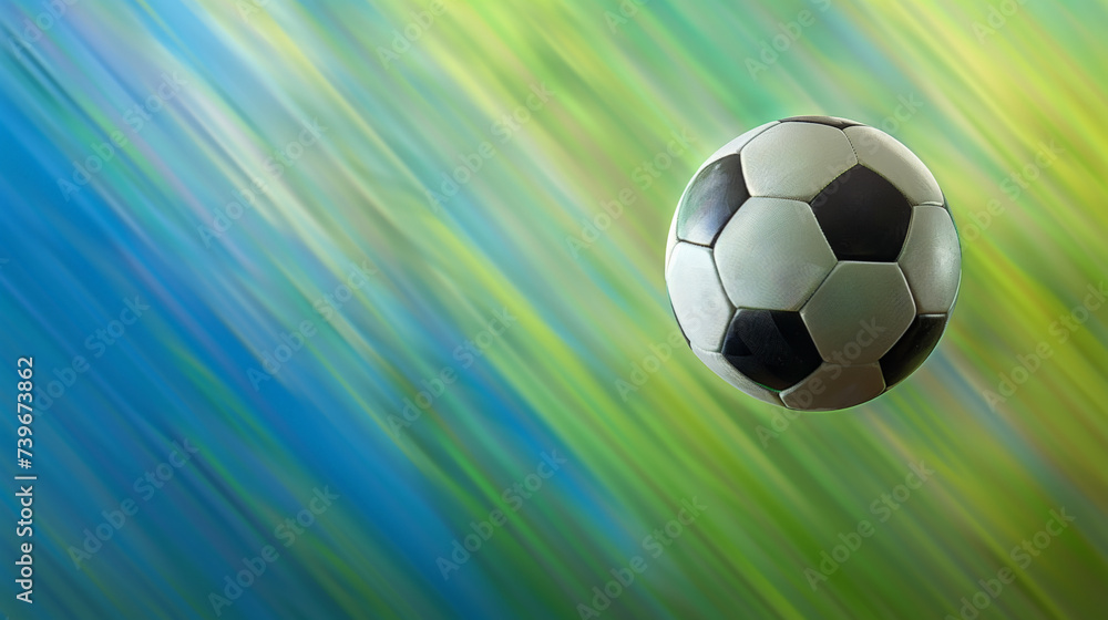 Naklejka premium Classic black and white soccer ball mid-air with a dynamic, streaked green and blue motion blur background - ideal for sports themes and copyspace