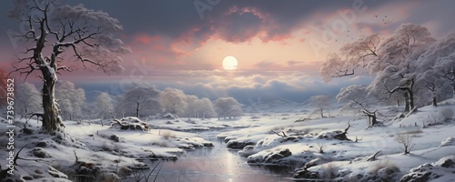 Snow Landscape with River at Sunset Banner. Generative AI