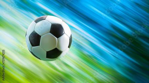 Dynamic soccer ball in motion against a blurred green and blue background, ideal for sports concepts, with copy space for text