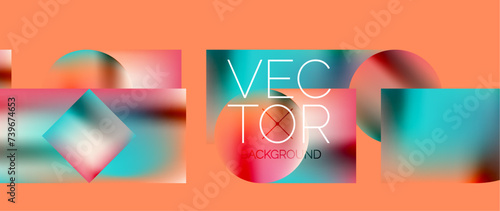 Squares and circles design. Fluid color gradients with metallic effects. Serene synergy of shapes, merging squares and circles into harmonious, captivating design