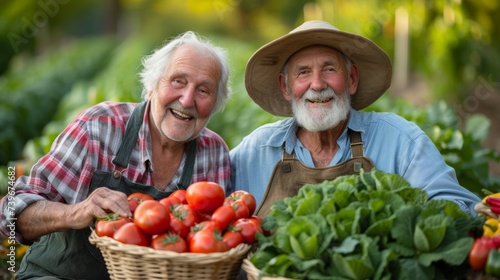 A senior couple proudly show off their bountiful harvest of fresh vegetables grown with love and care in the community garden.