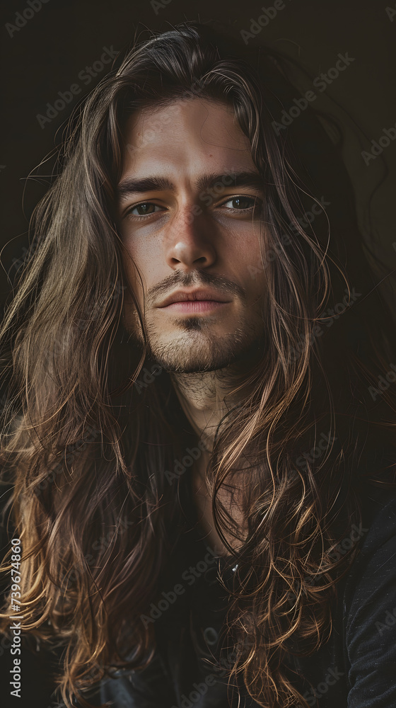 Portrait of man with long hair, long haired man, male with long hair, portrait of a man with long hair