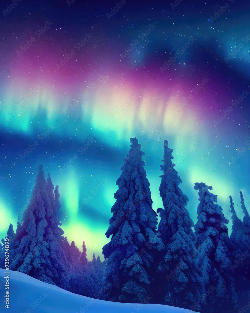 Snowcapped trees under the beautiful night sky with colorful aurora borealis