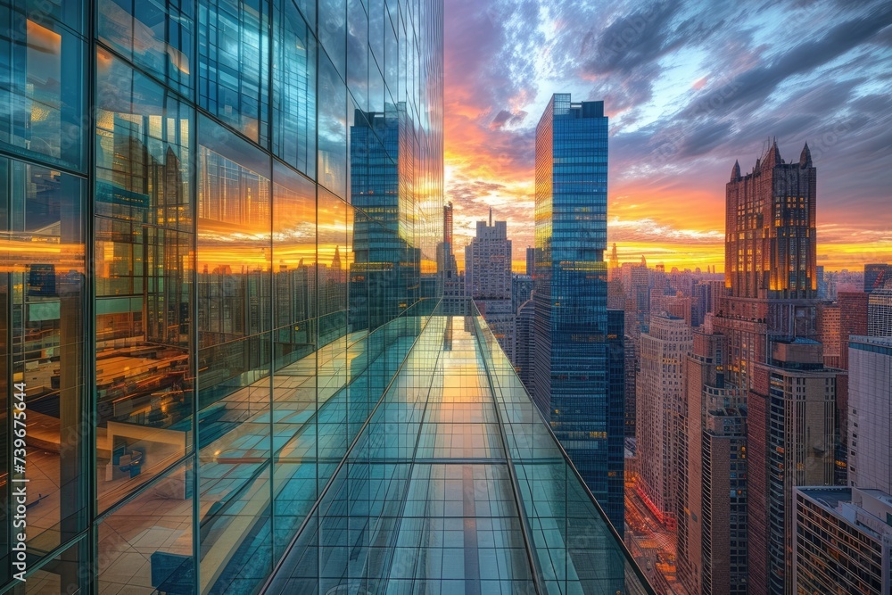 Grand view of a corporate skyscraper reflecting the cityscape on its glass facade. Grand view of a corporate skyscraper reflecting the cityscape on its glass facade.