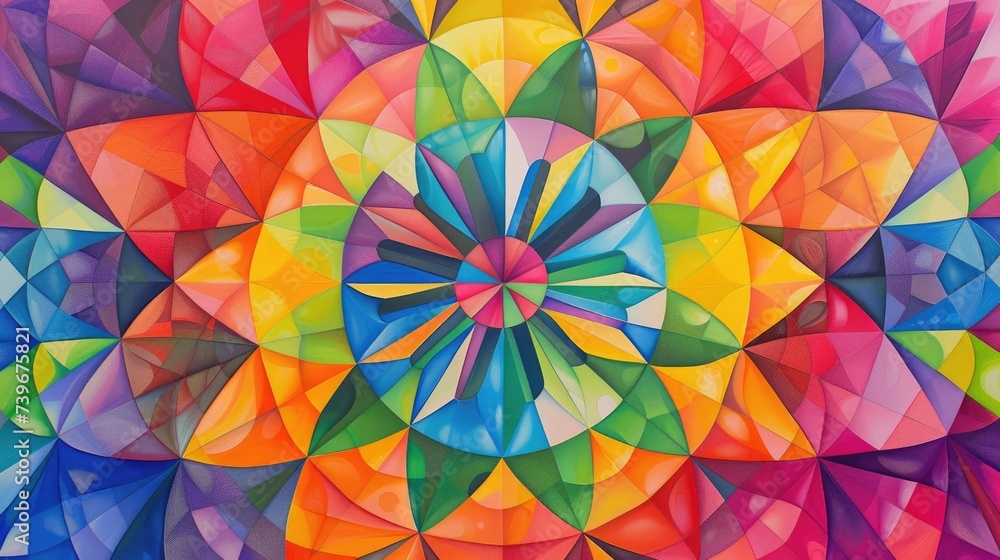 Kaleidoscope mandala bursting with vibrant rainbow hues, each section featuring intricate geometric patterns.