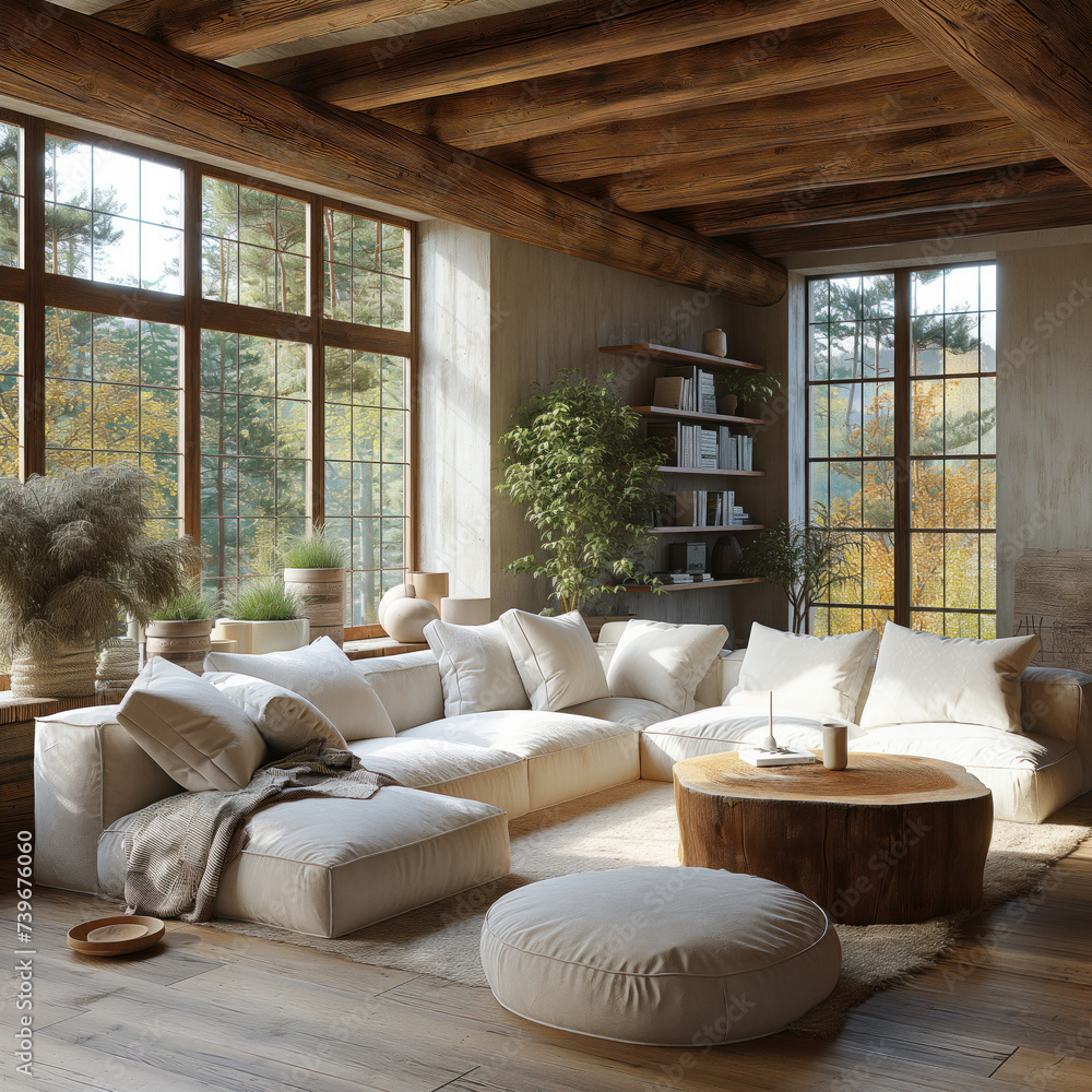 Fototapeta premium Interior design of modern apartment with fabric sofa, table with home decor, green plants. Interior mockup. Generative AI