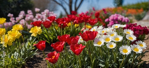 White, Red and yellow flowers in a garden, spring season floral background.