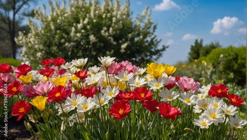 Spring flowers in the garden with blue sky background