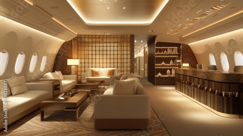 Soft ambient lighting and sleek wooden accents create a serene atmosphere in this business class lounge perfect for unwinding after a long journey.