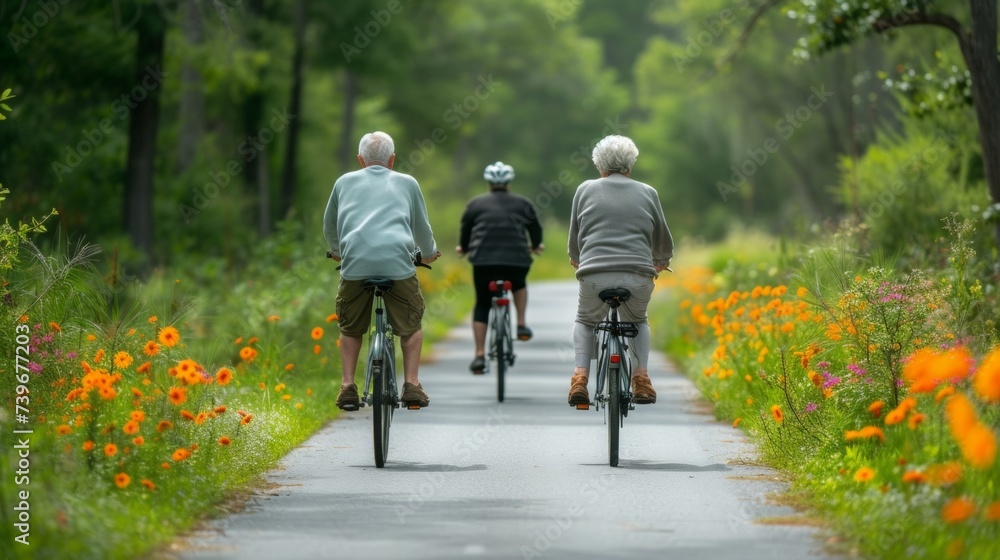 Happy seniors ride their bikes along a paved trail surrounded by lush greenery and beautiful flowers. - obrazy, fototapety, plakaty 