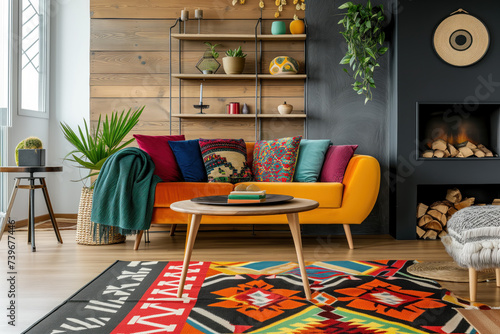 Interior design of modern apartment with colorful sofa, wooden table, fireplace, home plants and decoration. Interior mockup. Scandinavian interior design. Generative AI