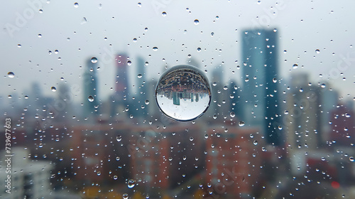 A close-up of a water droplet on a window pane refracts the world outside, distorting and amplifying the urban landscape into an abstract, ethereal mosaic photo