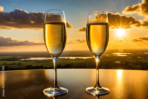 Two champagne glasses  poised side-by-side  empty yet gleaming with anticipation  suspended ethereally among diaphanous clouds  backlit by the soft  golden hues of a setting sun. Generative AI