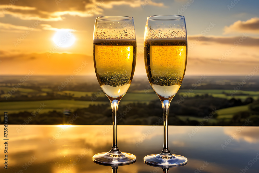 Two champagne glasses, poised side-by-side, empty yet gleaming with anticipation, suspended ethereally among diaphanous clouds, backlit by the soft, golden hues of a setting sun. Generative AI Two champagne glasses, poised side-by-side, empty yet gleaming with anticipation, suspended ethereally among diaphanous clouds, backlit by the soft, golden hues of a setting sun. Generative AI