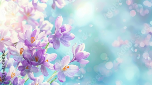 Natural autumn background with delicate lilac crocus flowers on blue sky banner © ND STOCK