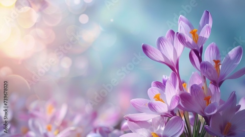 Natural autumn background with delicate lilac crocus flowers on blue sky banner photo