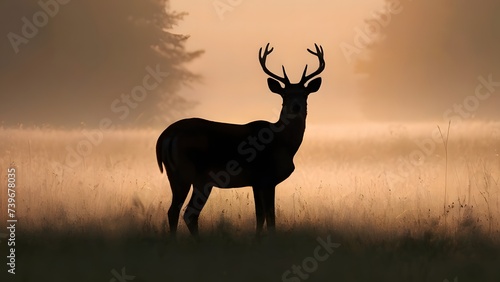 Majestic Deer Silhouette Amidst Misty Sunrise in Tranquil Meadow