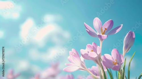 Natural autumn background with delicate lilac crocus flowers on blue sky banner