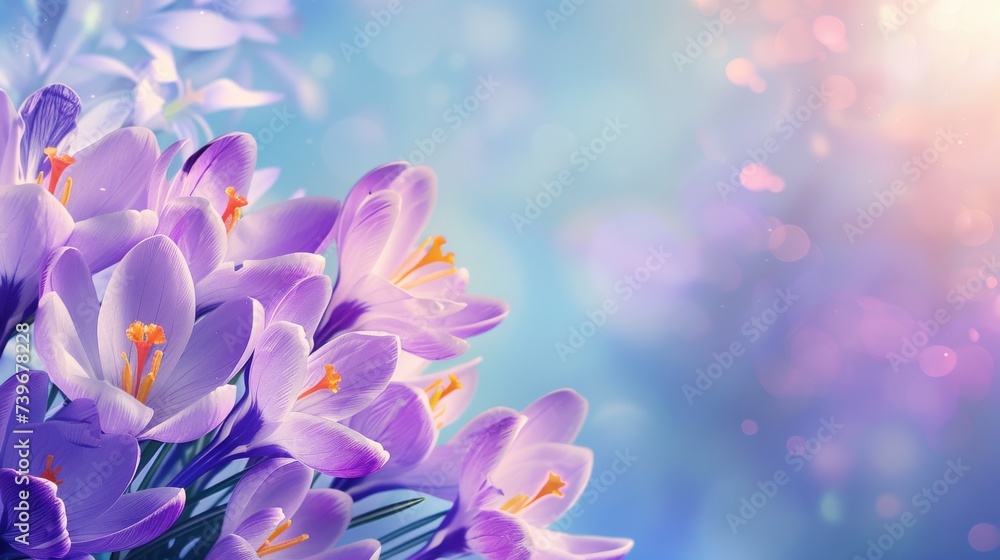 Fototapeta premium Natural autumn background with delicate lilac crocus flowers on blue sky banner