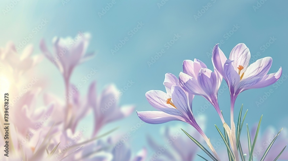 Fototapeta premium Natural autumn background with delicate lilac crocus flowers on blue sky banner
