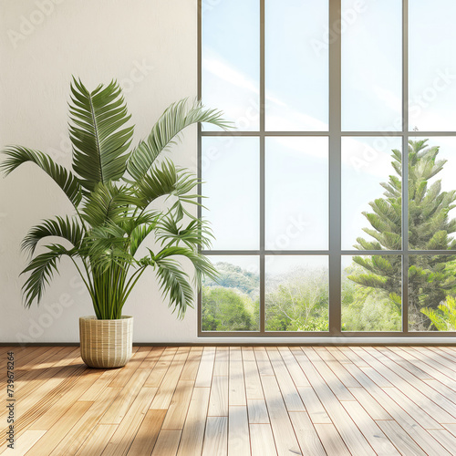White empty room with green home plants. Interior mockup. Generative AI
