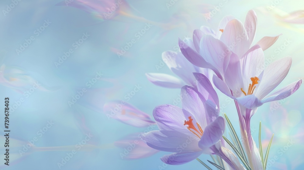 Natural autumn background with delicate lilac crocus flowers on blue sky banner