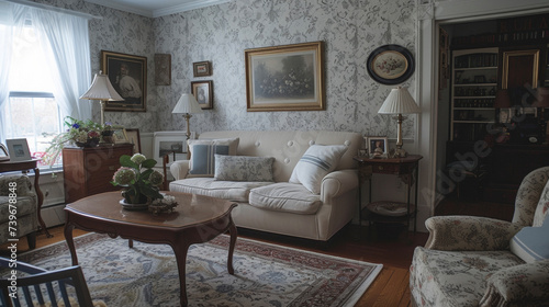 A plain and cramped living room with dated wallpaper and worn carpeting transformed into a cozy and elegant space. The DIY project includes removing the wallpaper repainting photo
