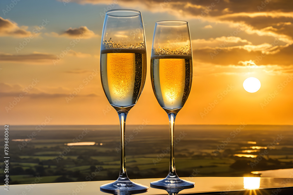 Two champagne glasses, poised side-by-side, empty yet gleaming with anticipation, suspended ethereally among diaphanous clouds, backlit by the soft, golden hues of a setting sun. Generative AI