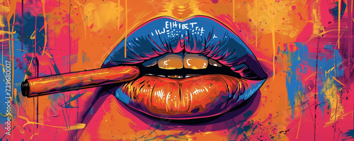 Neon colored Pop Art lips against a backdrop of bold satirical pop culture commentary