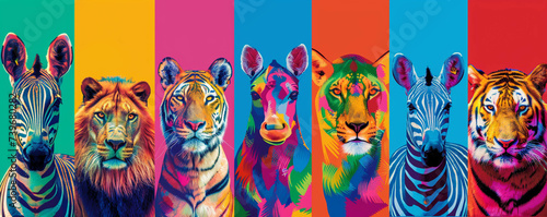 Pop Art zoo animals each species bursting with its own array of vibrant colors