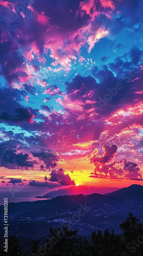 Psychedelic Pop Art skies where sunset colors blend into a neon dreamscape