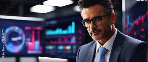  Showcase the accuracy and speed of AI technology in data analysis by creating an image of a businessman using a tablet to analyze complex data sets in real-time, with a digital interface overlaid ont photo