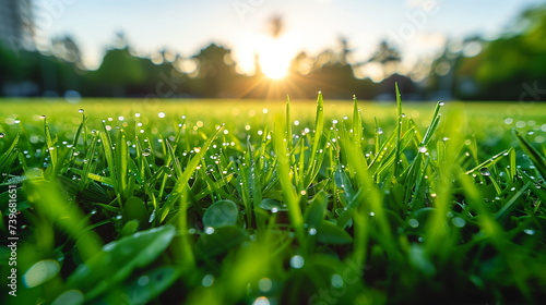 Dew on green grass glows with the golden light of a rising sun in the background.