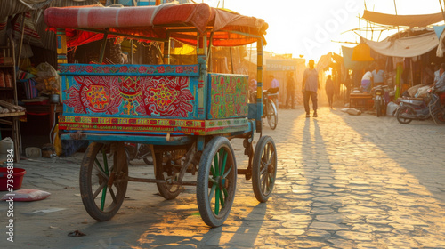 A vendors brightly painted cart standing out against the backdrop of the sunlit market.
