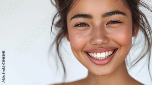 closeup photo portrait of a beautiful young asian indian model woman smiling with clean teeth. used for a dental ad. on white background