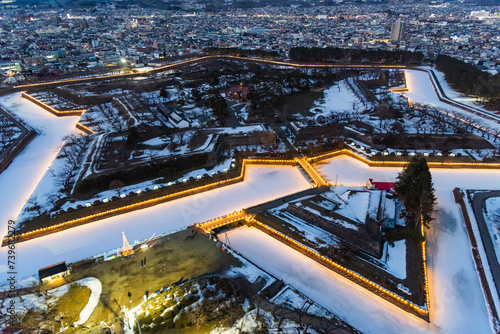 Scenic view of Goryokaku Fortress from Goryokaku Tower in winter, Hakodate, Hokkaido, Japan photo