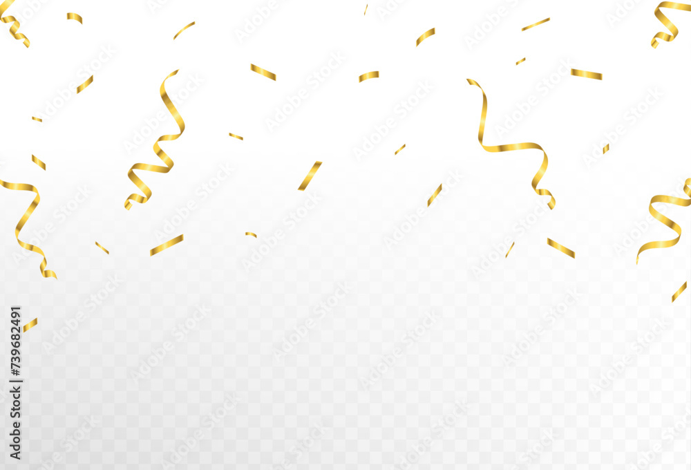 Gold confetti and ribbon streamers falling on a transparent background ...