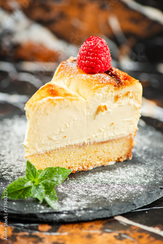 Delicious soft-baked creamy Patterson cheesecake with a spongecake base.
